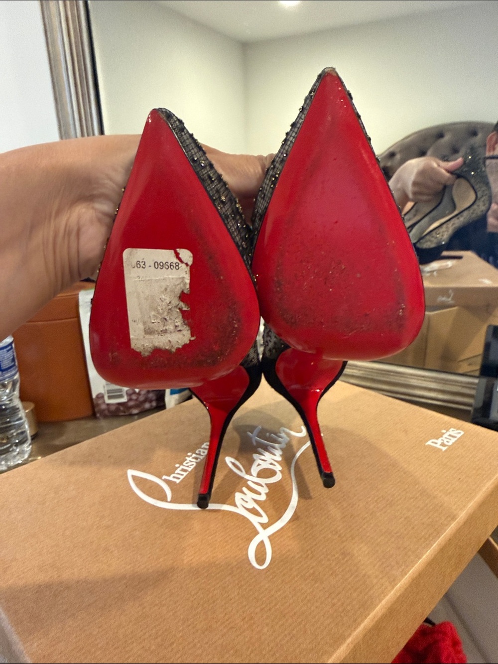 Christian Louboutin Black Mesh and Gold-Accented Pointed Pumps - Picture 5 of 8